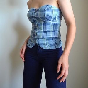 vintage 90s blue strapless plaid cotton bustier with boning
